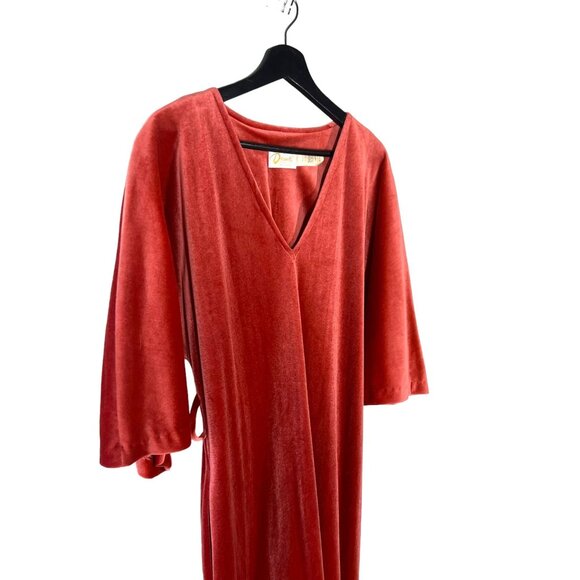 Vintage 60s Red Orange Velour Short Sleeve Full Length House Dress Medium - Picture 2 of 10